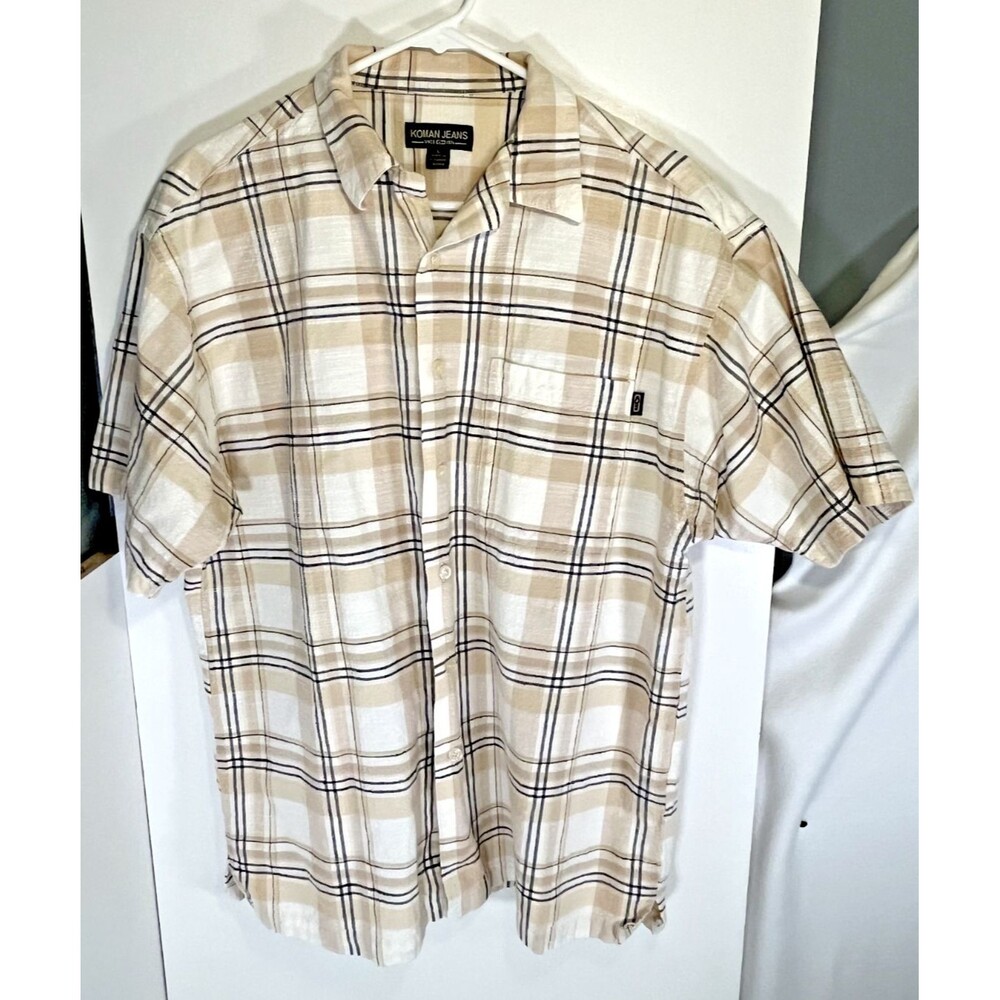 Koman Men's Plaid Button Down Shirt Size L Short Sleeve Casual Cotton Top